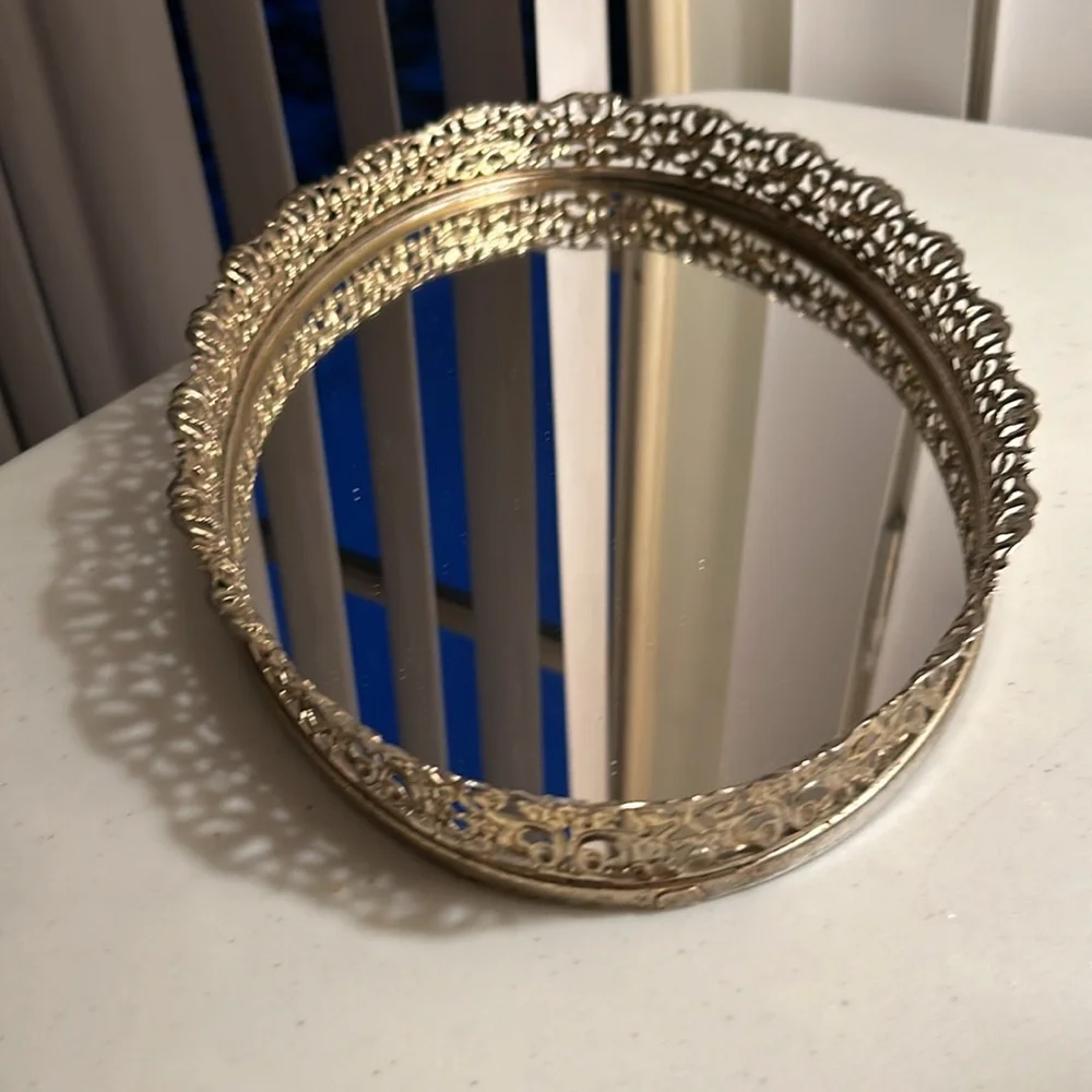 Vintage gold tone mirrored filigree vanity dresser mirror - tray